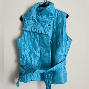 Blue Puffer Vest With Belt Detail